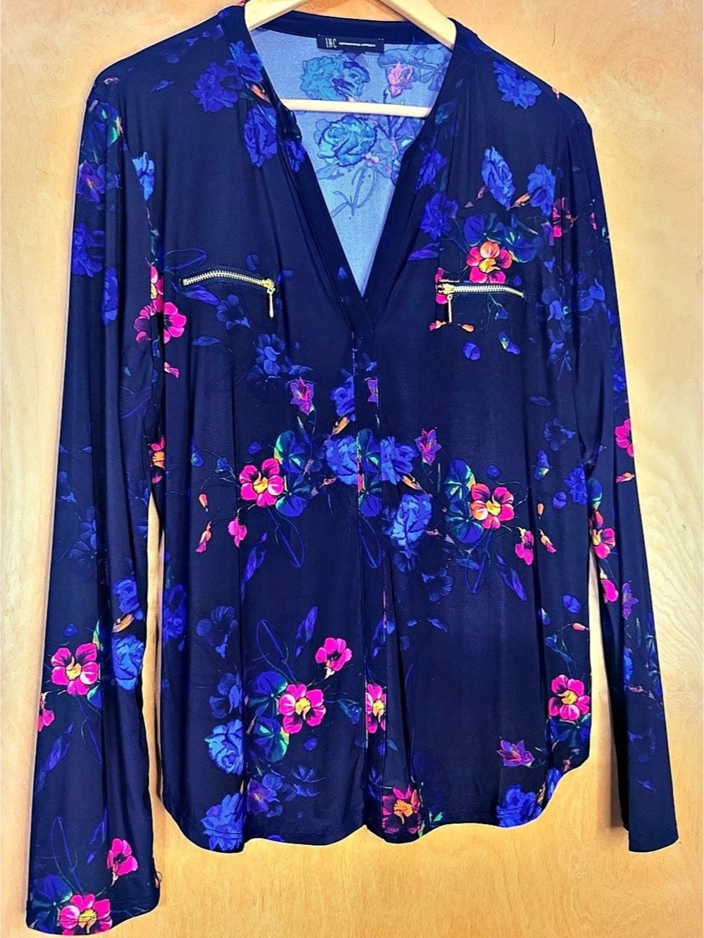 INC International Concepts Printed Zip-Pocket Long-Sleeve Top Floral Blue & Pink